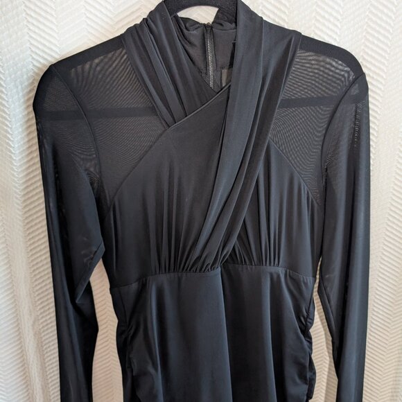 Bardot Black Mesh & Wrap Bodycon Dress Halter-Inspired Bodice Ruched Size 8/M - Picture 6 of 13
